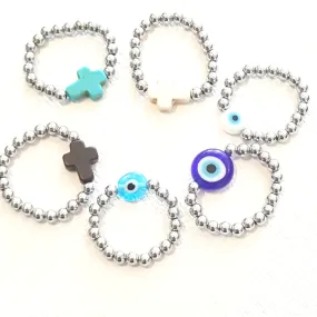 Evil Eye or Cross Stretch Ring Silver