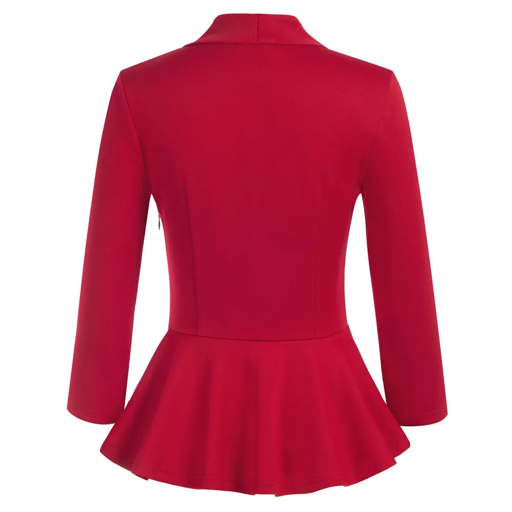 Fans Look of Vintage Peplum Hem Tops 3/4 Sleeve V-Neck Ruched Tops