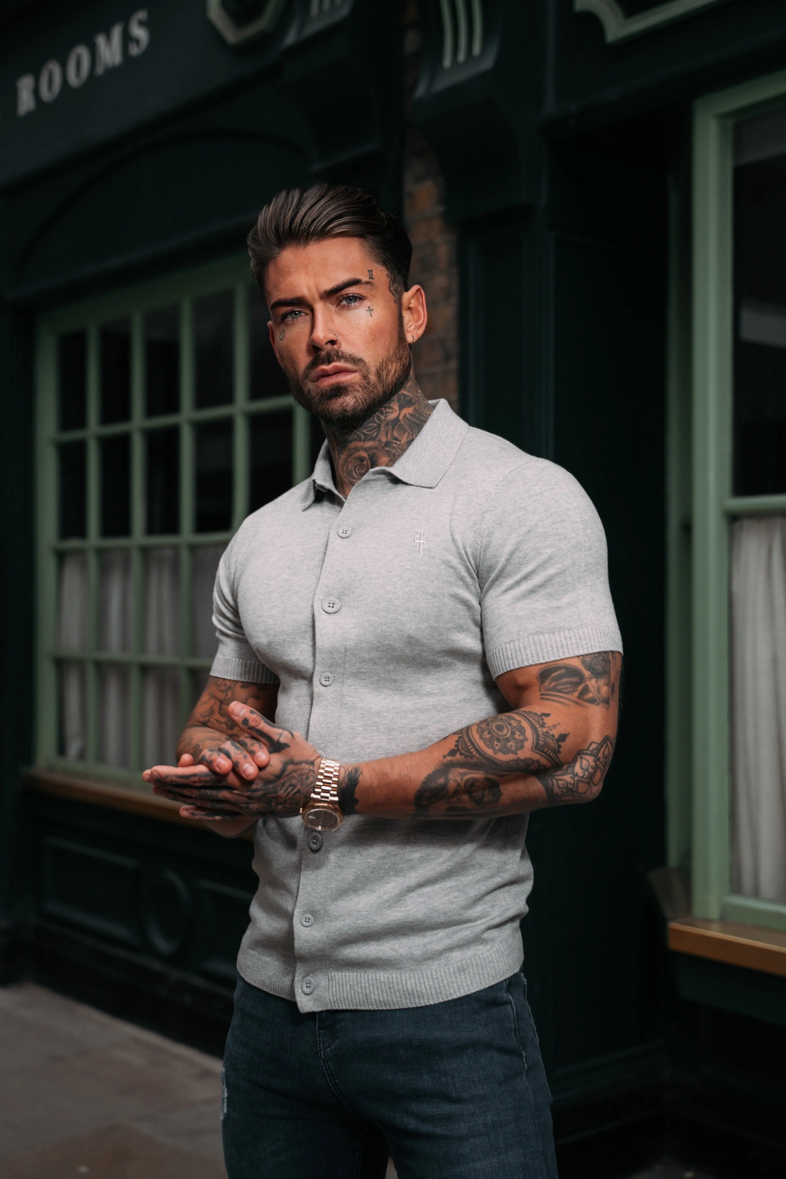 Father Sons Classic Plain Light Grey Knitted Button Through Polo Short Sleeve - FSN102