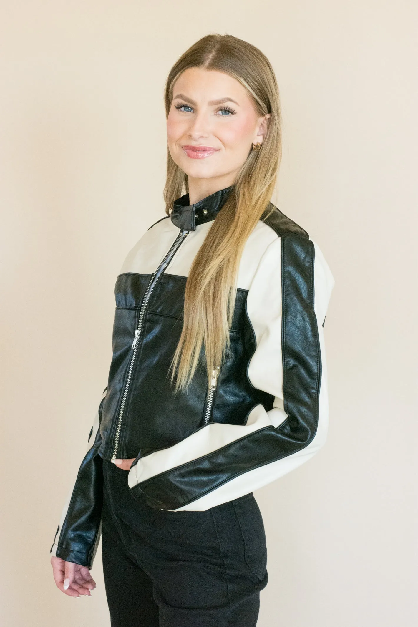 Good To Go Color Block Leather Cropped Jacket