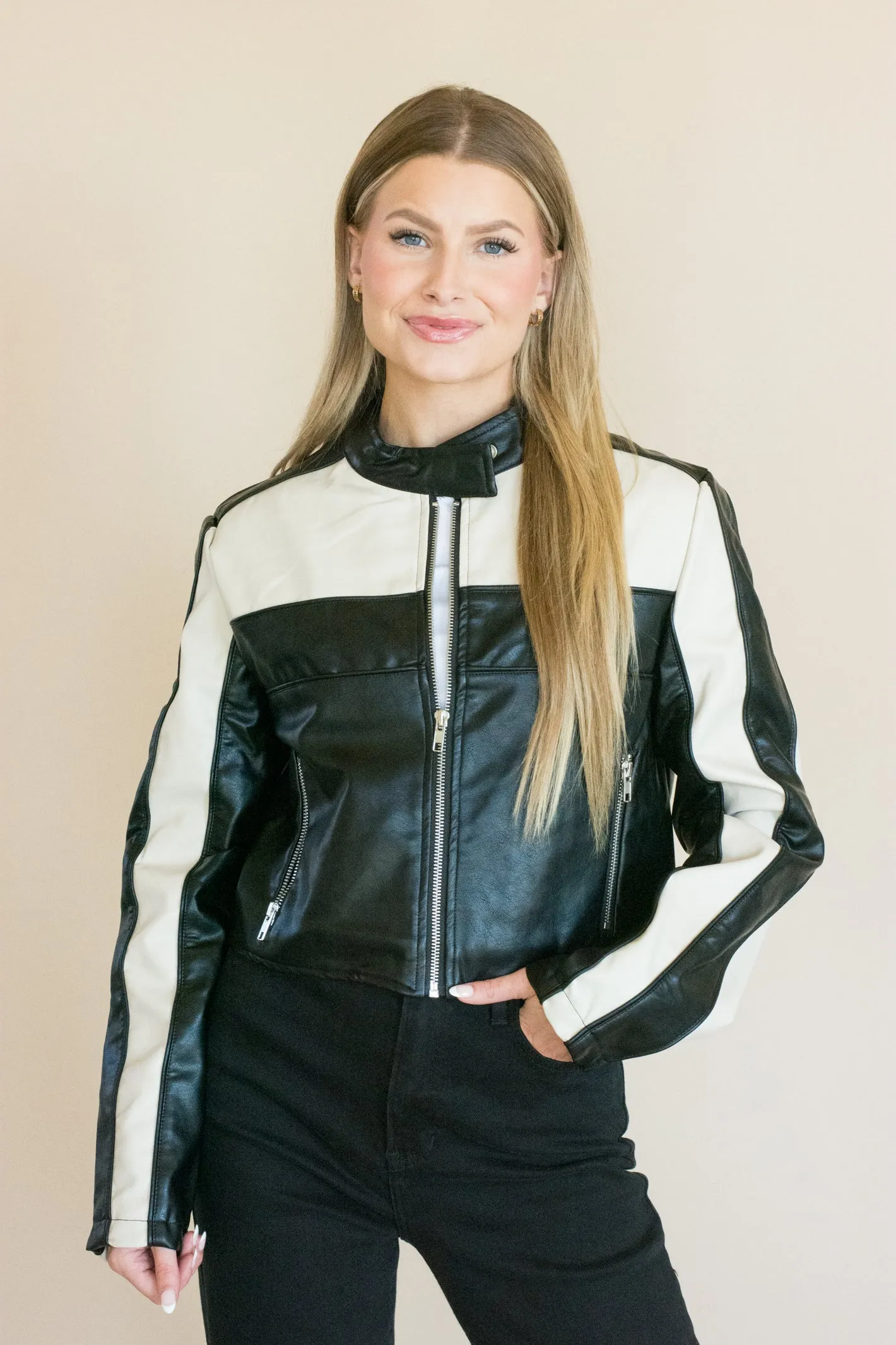 Good To Go Color Block Leather Cropped Jacket