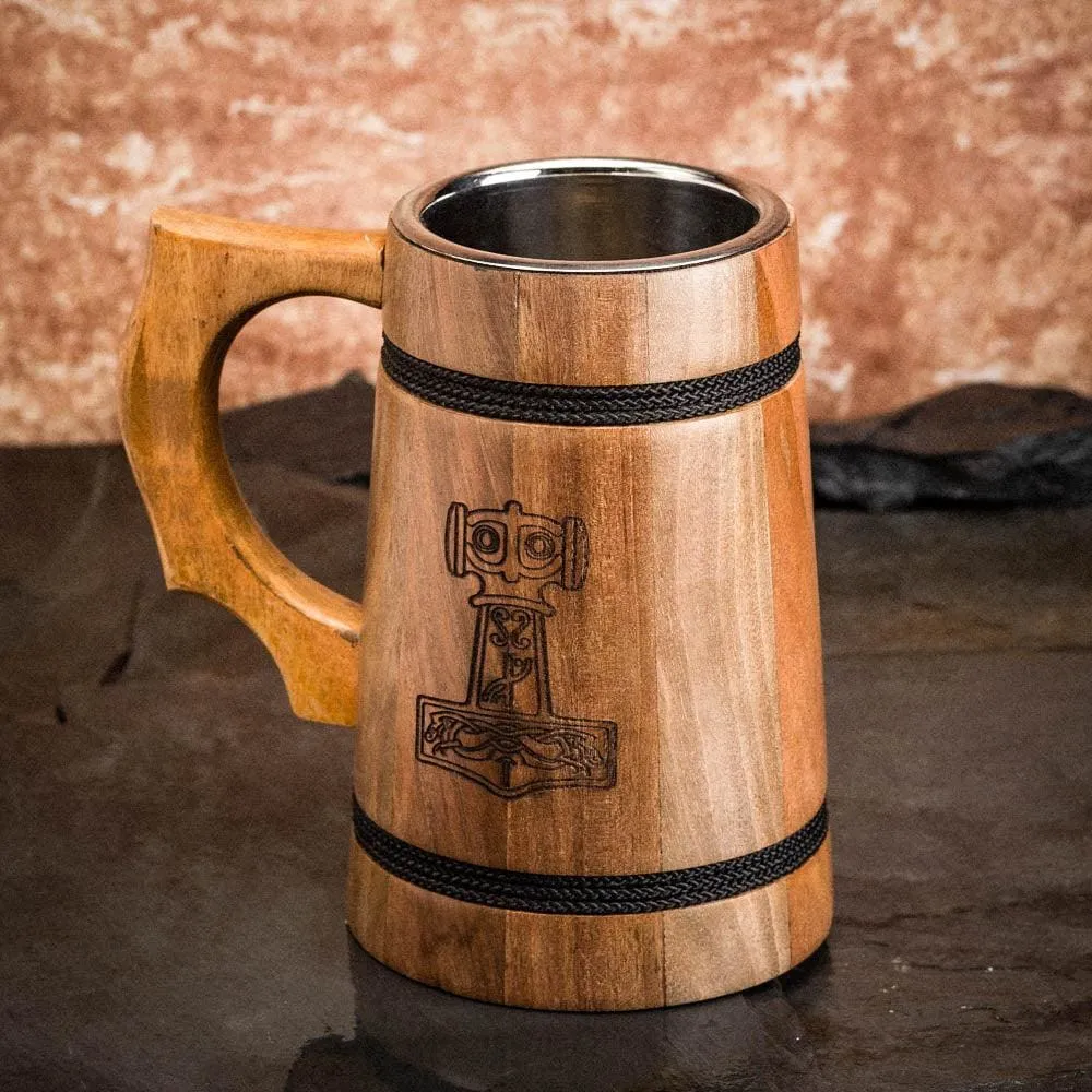 Handmade Wooden Tankard With Mjolnir Engraving