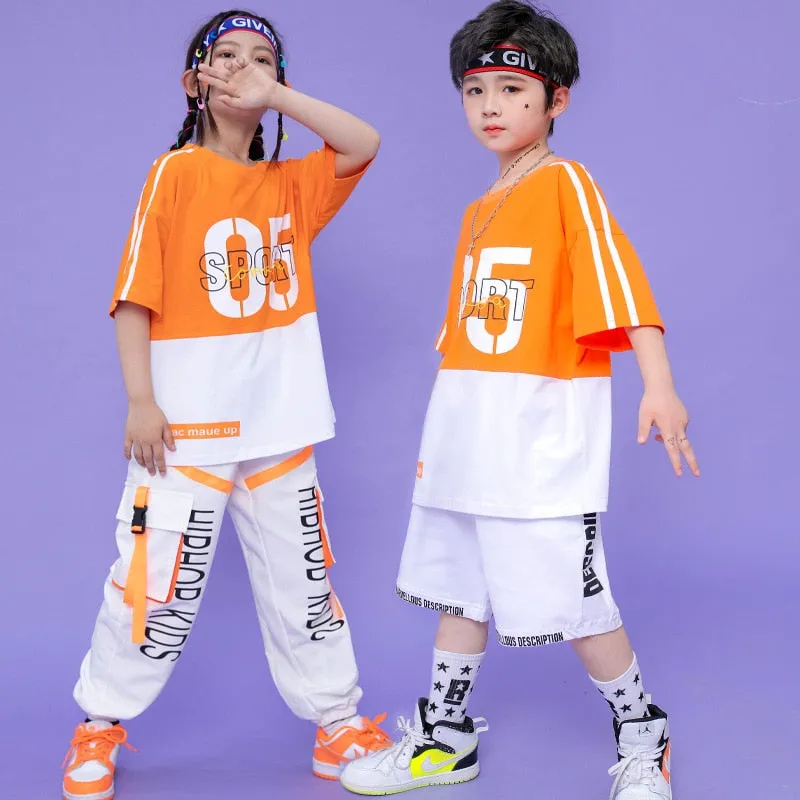 #HH459 Boys and Girls Hip Hop Contrast T-shirt Cargo Pants - Street Dance Shorts Loose Fit