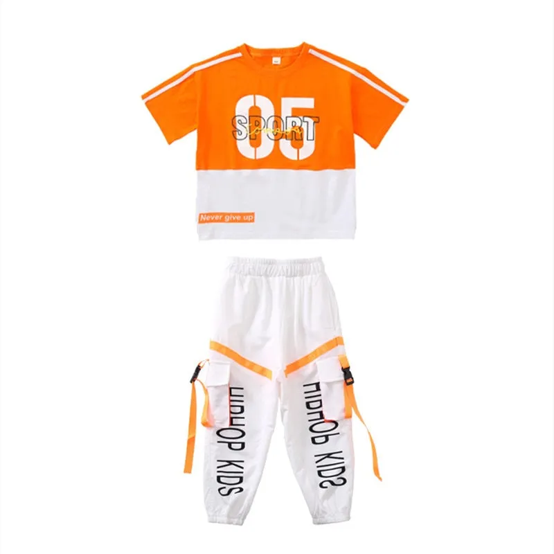 #HH459 Boys and Girls Hip Hop Contrast T-shirt Cargo Pants - Street Dance Shorts Loose Fit