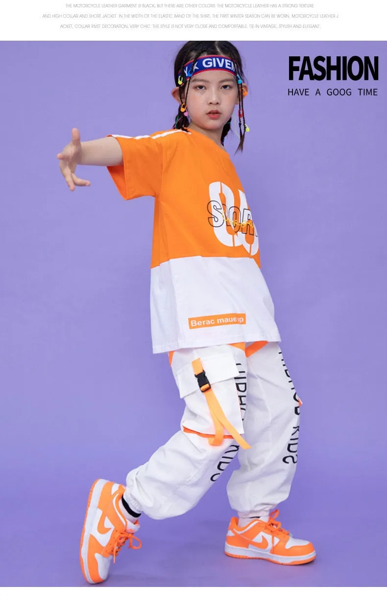 #HH459 Boys and Girls Hip Hop Contrast T-shirt Cargo Pants - Street Dance Shorts Loose Fit