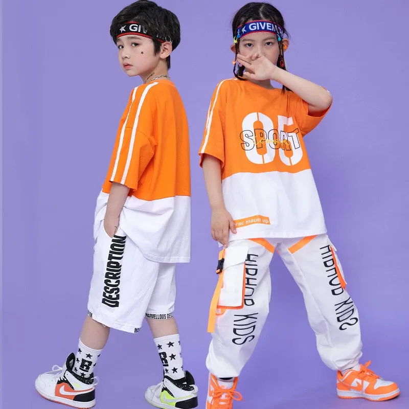 #HH459 Boys and Girls Hip Hop Contrast T-shirt Cargo Pants - Street Dance Shorts Loose Fit