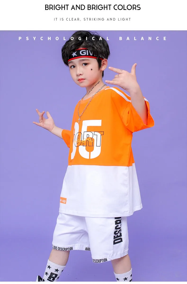 #HH459 Boys and Girls Hip Hop Contrast T-shirt Cargo Pants - Street Dance Shorts Loose Fit