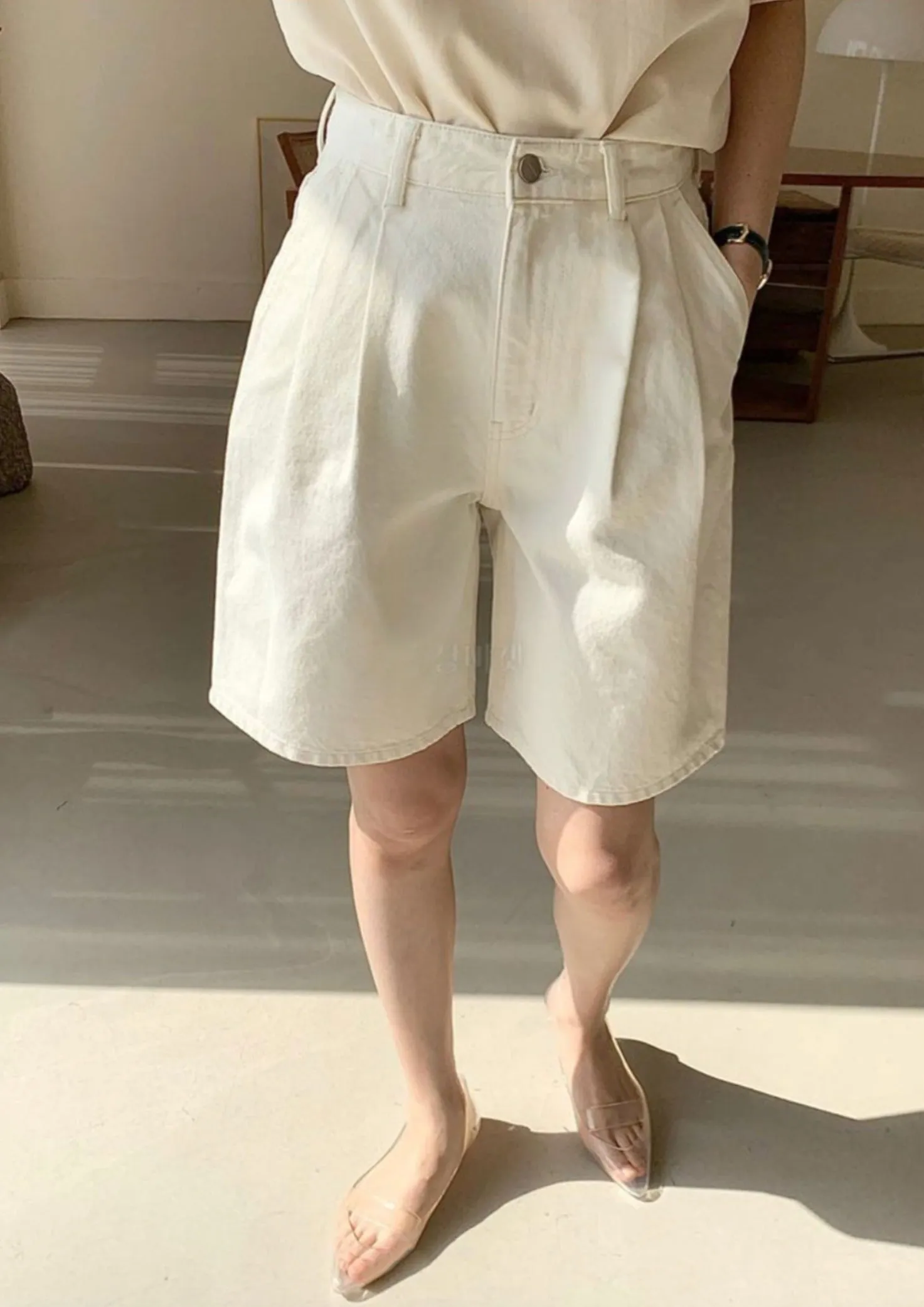 High Waist Wide Denim Shorts in Cream