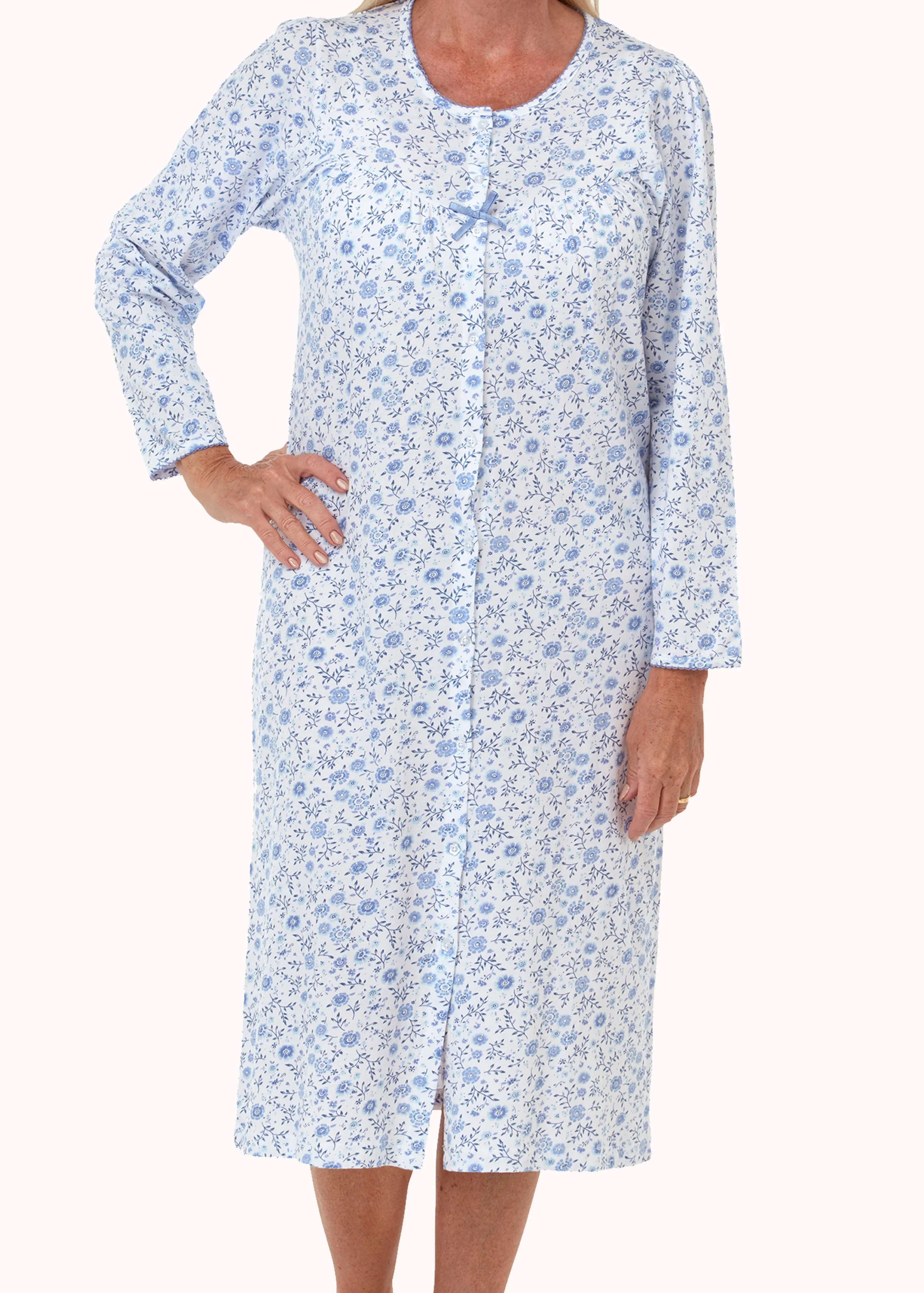 Janet Long Sleeve Jersey Front Opening Velcro Nightdress - Denim Blue