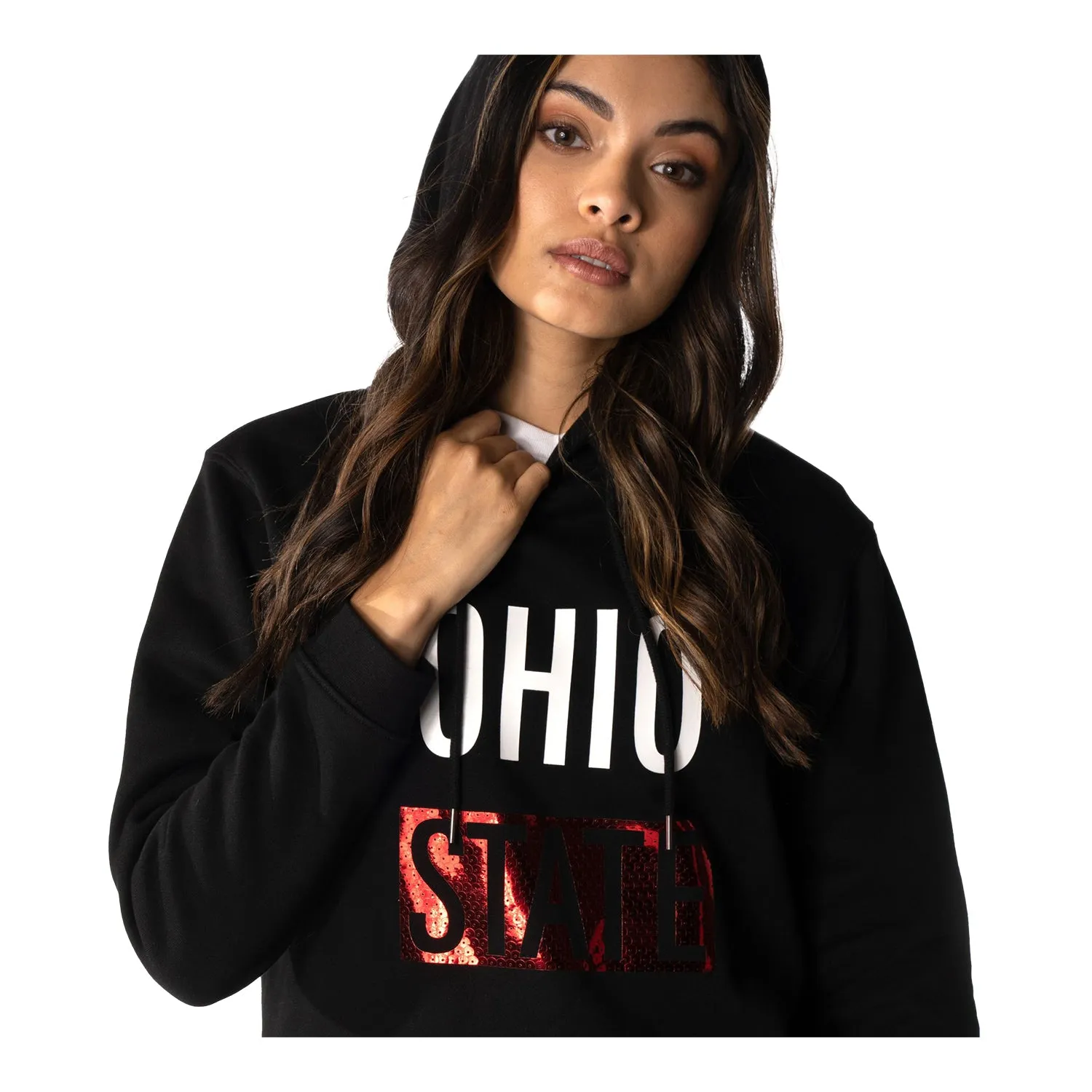 Ladies Ohio State Buckeyes Sequin Die Cut Hooded Sweatshirt