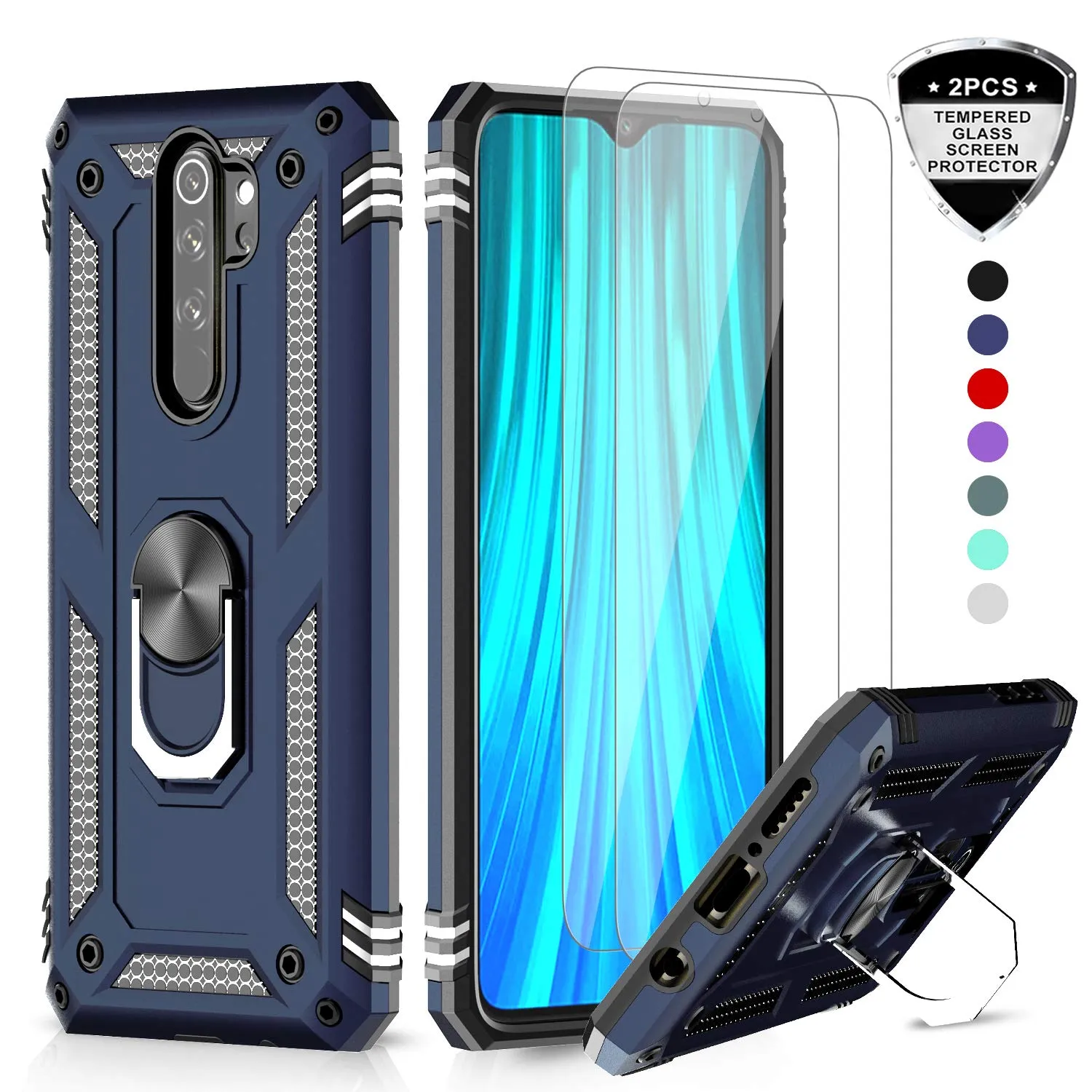 LeYi for Xiaomi Redmi Note 8 Pro Case and Tempered Glass Screen Protector(2 Pack),Ring Holder [Military Grade] Protective Silicone TPU Shockproof