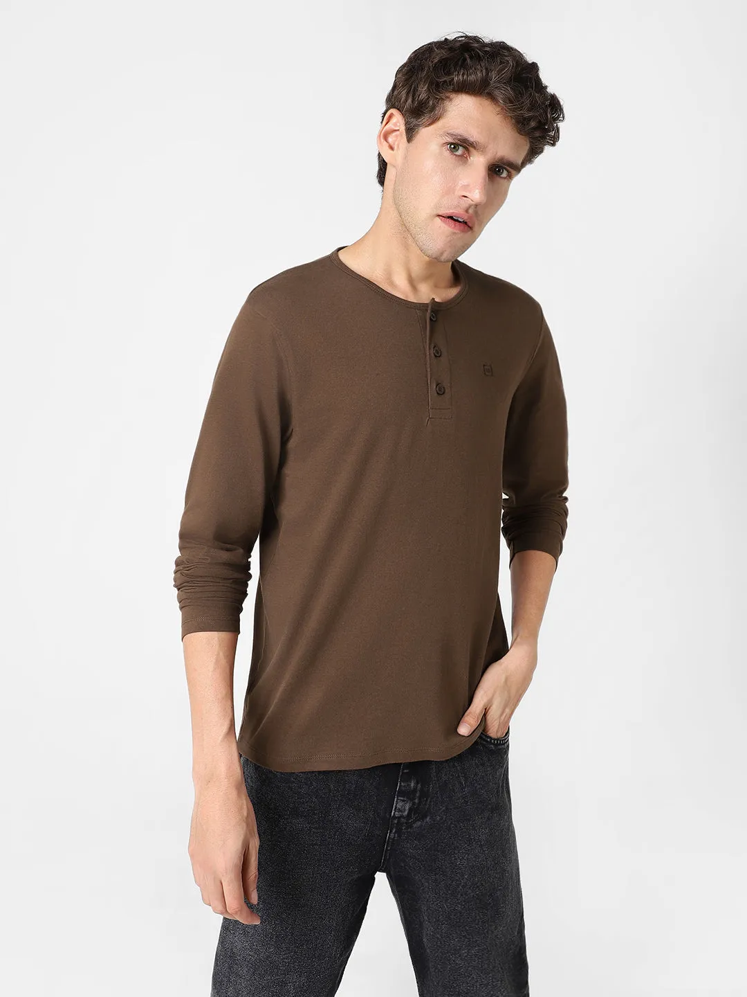 Men's Cocoa Brown Solid Henley Neck Slim Fit Full Sleeve Cotton T-Shirt