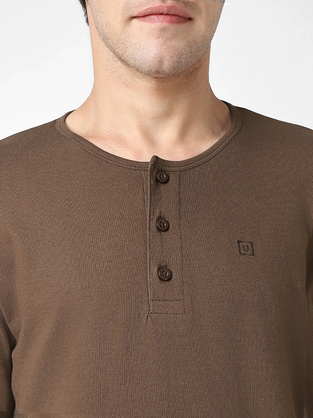 Men's Cocoa Brown Solid Henley Neck Slim Fit Full Sleeve Cotton T-Shirt