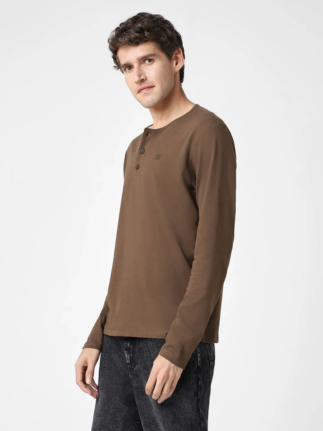 Men's Cocoa Brown Solid Henley Neck Slim Fit Full Sleeve Cotton T-Shirt