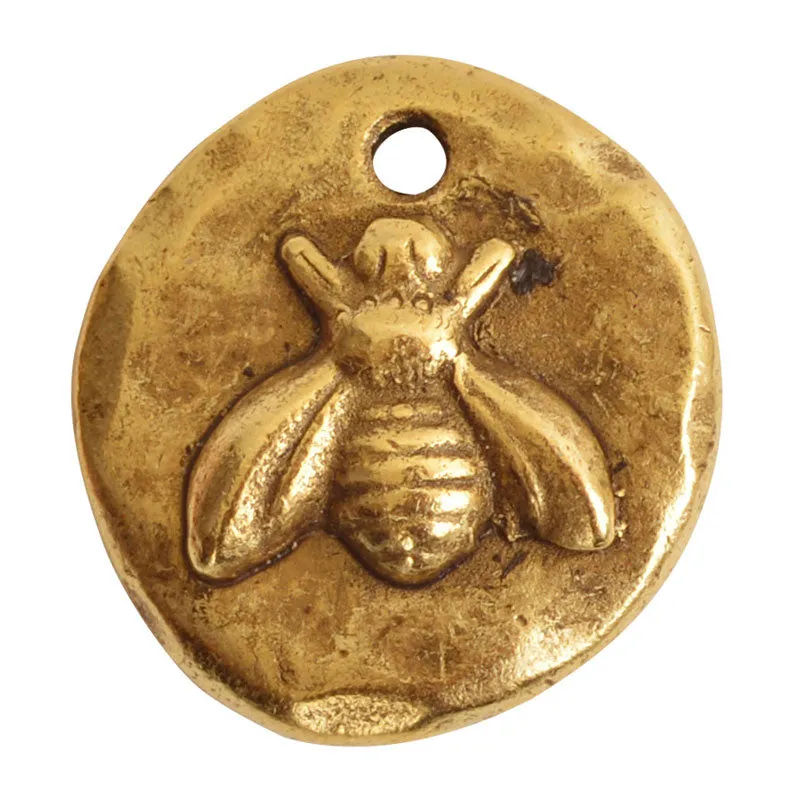 Nunn Design-Pewter-18mm Round Organic Bee-Small Charm-Antique Gold-Quantity 1