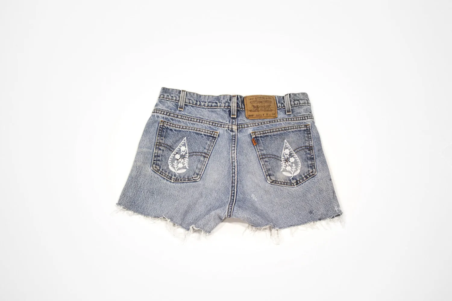 Paisley Drop Cut Offs - Vintage Women’s Denim Levi Shorts with Embroidery