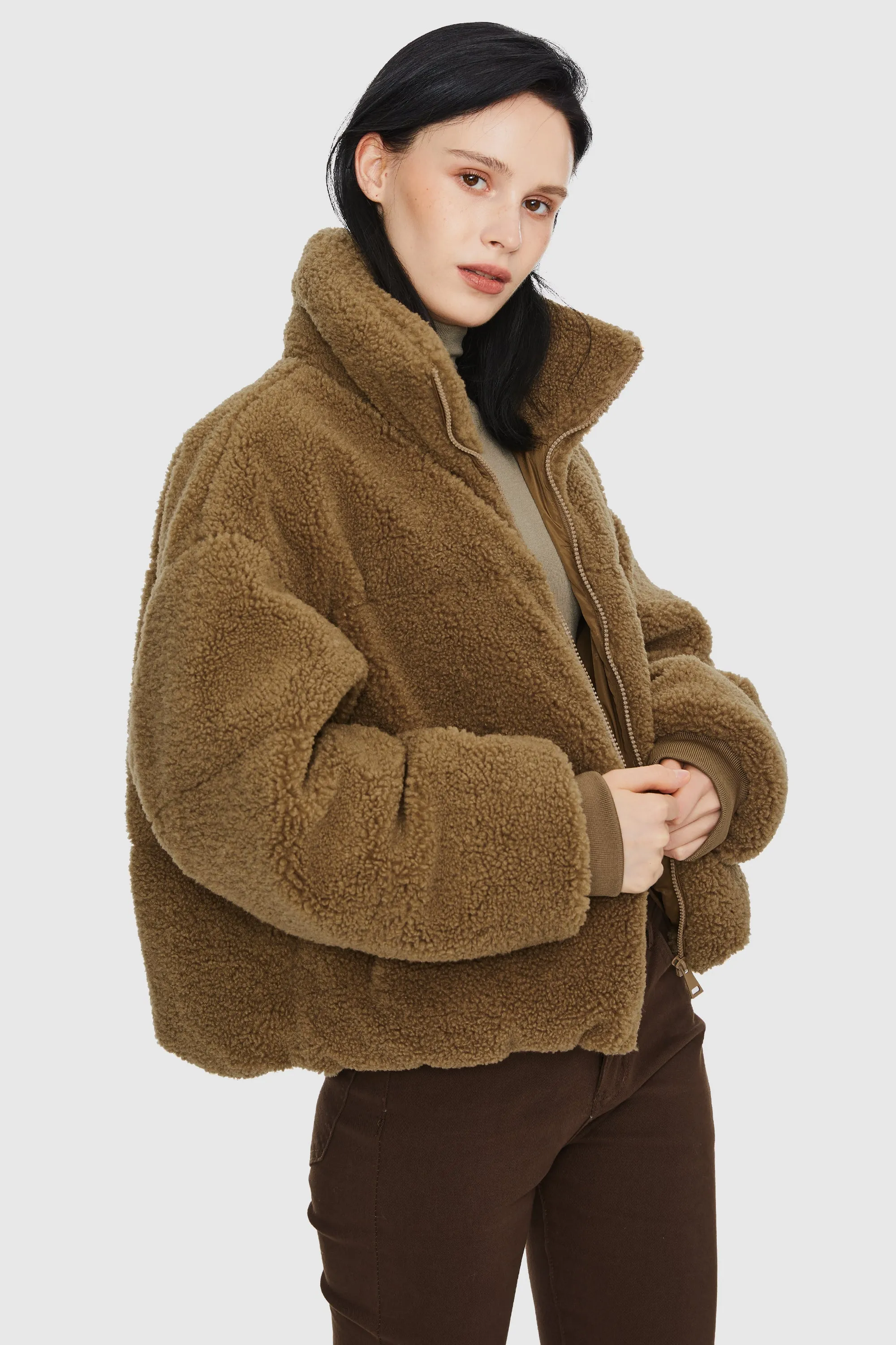 Puff-O Earthugger Fuzzy Fleece Cropped Jacket - Frosted Almond