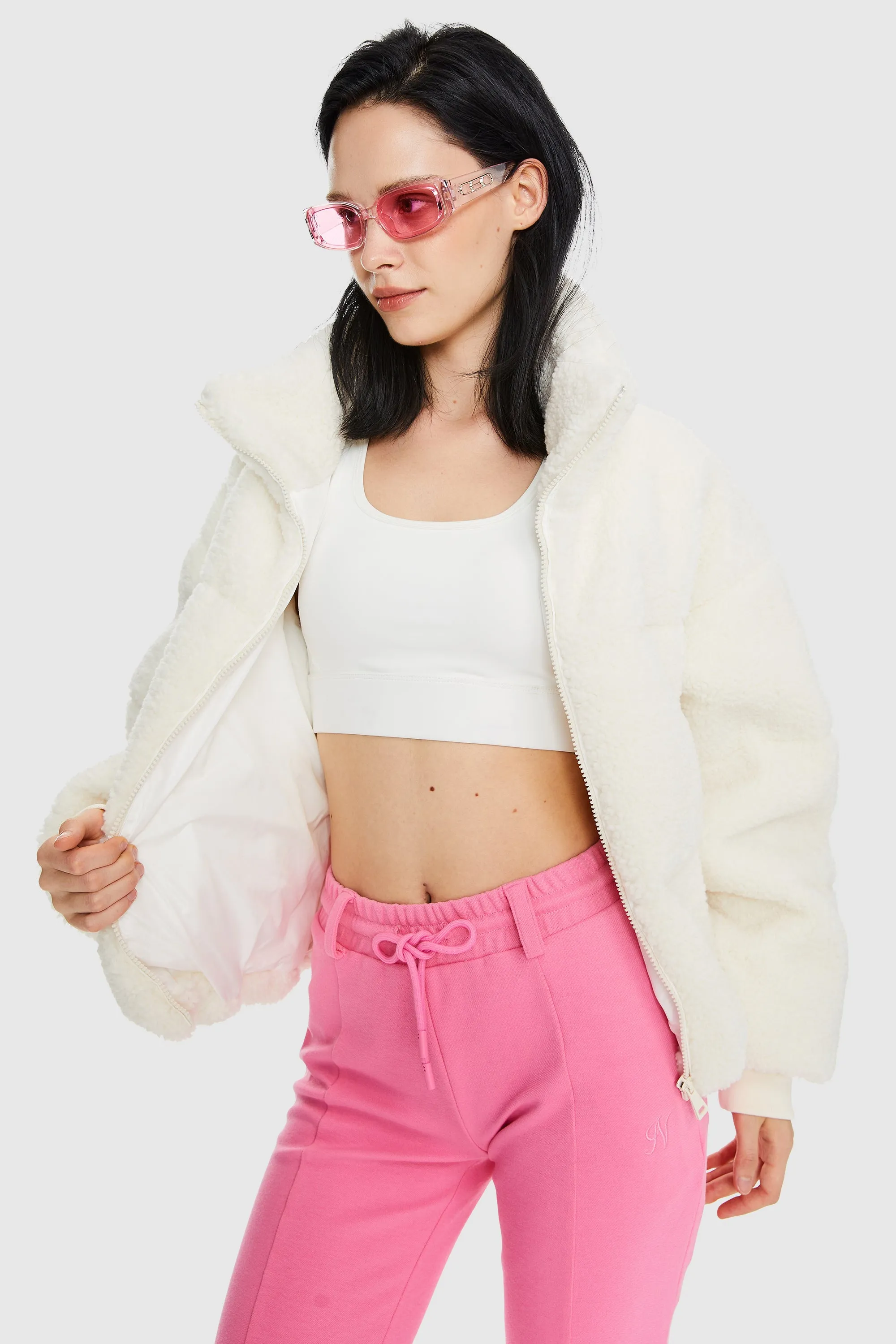 Puff-O Earthugger Fuzzy Fleece Cropped Jacket - Frosted Almond