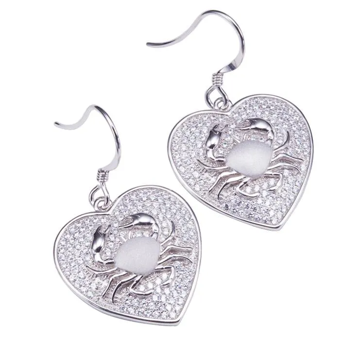 Sterling Silver Crab in Heart Pave CZ Hook Earrings