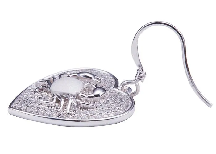 Sterling Silver Crab in Heart Pave CZ Hook Earrings