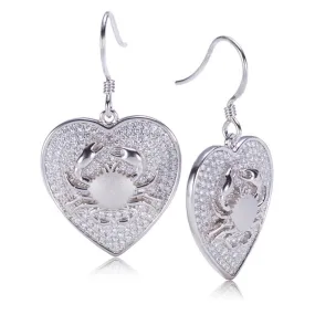 Sterling Silver Crab in Heart Pave CZ Hook Earrings