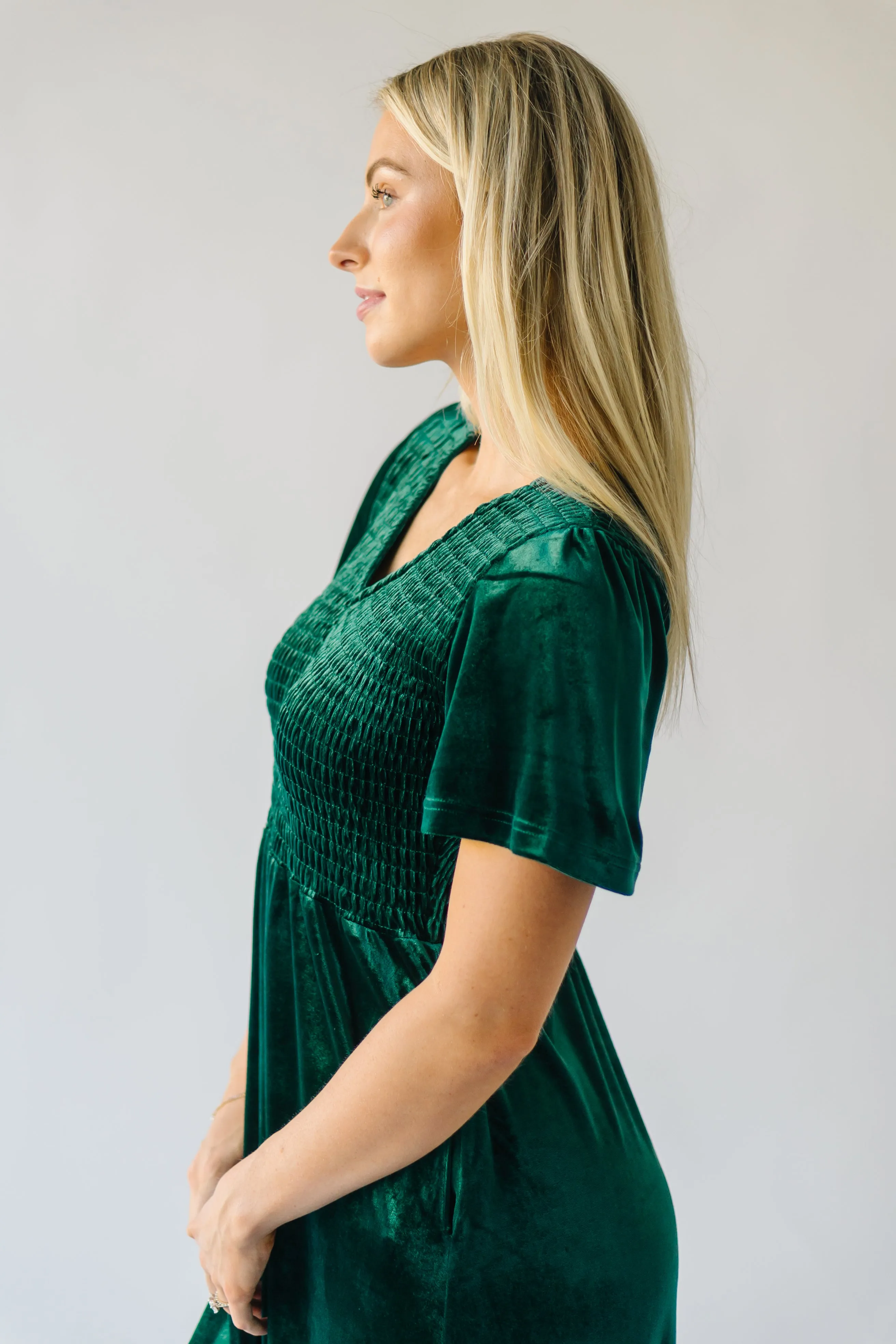 The Noonan Velvet Midi Dress in Hunter Green