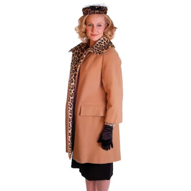 Vintage Camel/Faux Leopard Trim/Lined Coat Kilimanjaro 1970S M-L