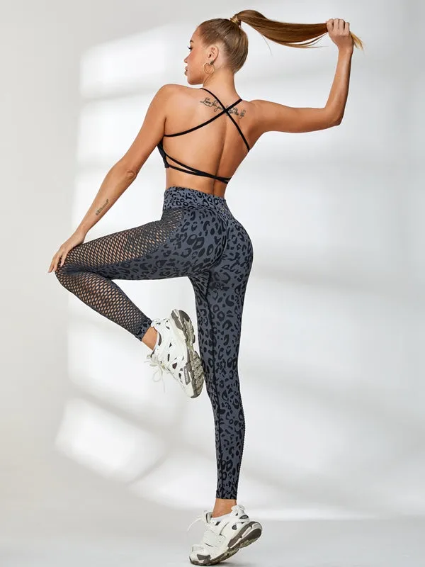 ZASUWA Female Cross Beautify Back Leopard Net Scrunch Bum Tracksuit